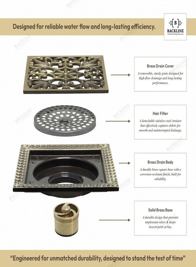 B BACKLINE مصفاة أرضية نحاسية من B Backline، مصفاة مياه أرضية الحمام، شبكة تصريف الحمام مع مصيدة صراصير مضادة للبقع، 12 × 12 سم (تشطيب عتيق 8) - Image 2